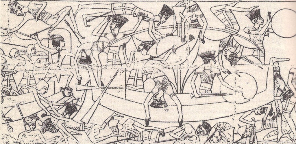 The naval battle between Egyptians and Sea Peoples. Relief from the Medinet Habu.